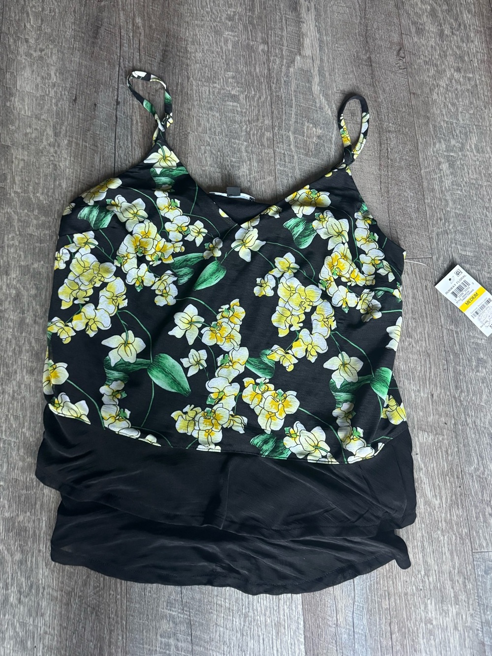 INC Black Floral Spaghetti Strap Cami Tank V-Neck w/ Tropical Hawaiian Print NWT